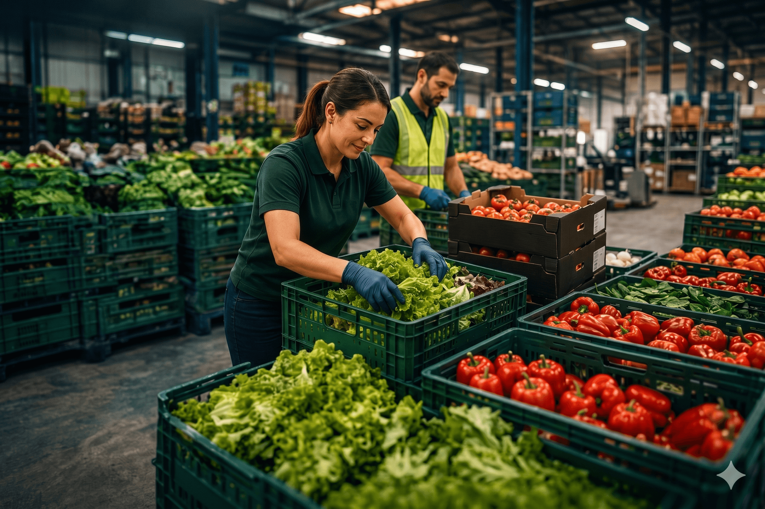 Produce packing team handling fresh vegetables in crates inside a distribution facility
