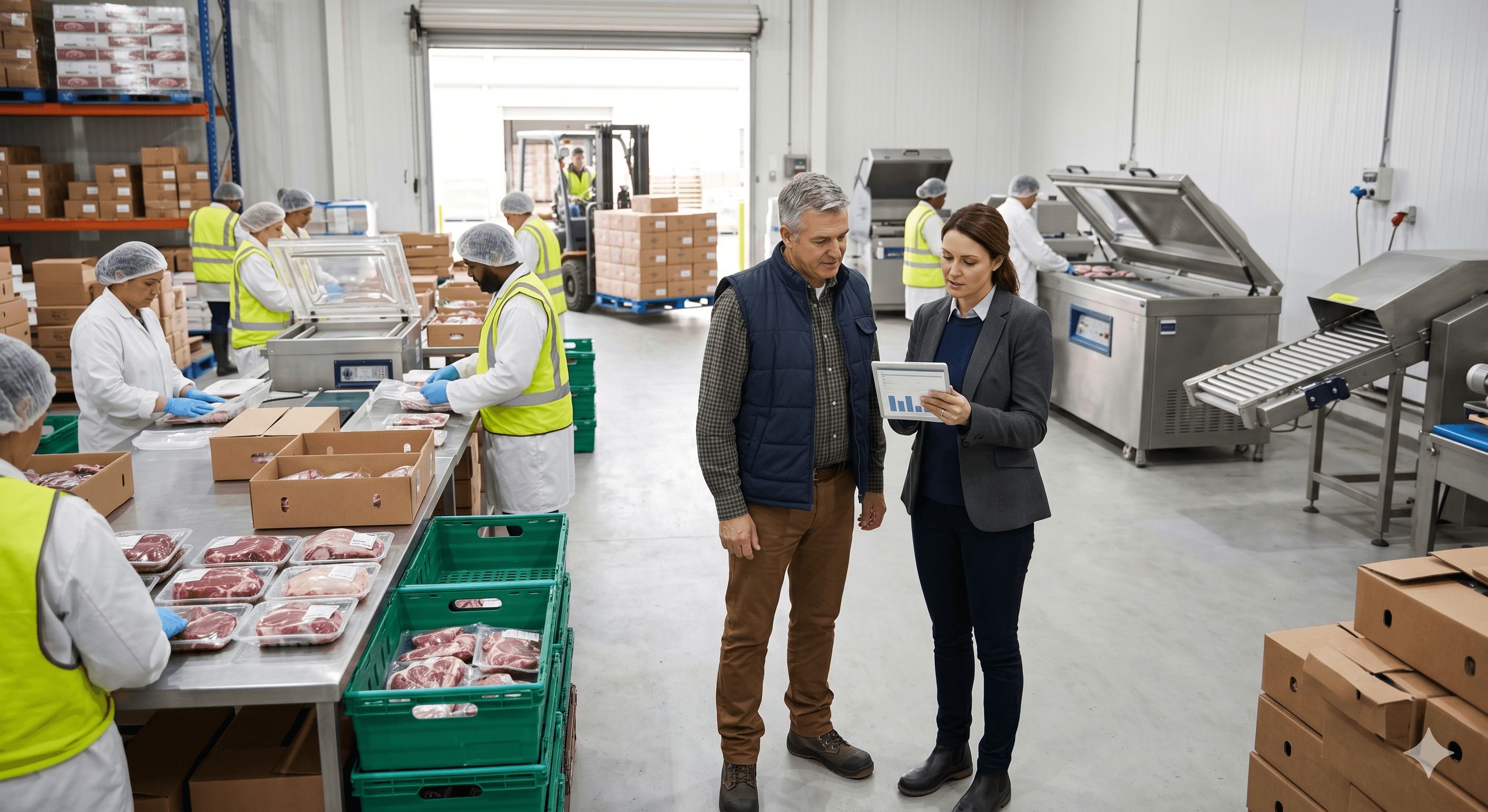 Fresh produce business owner reviewing operations with a consultant in a warehouse