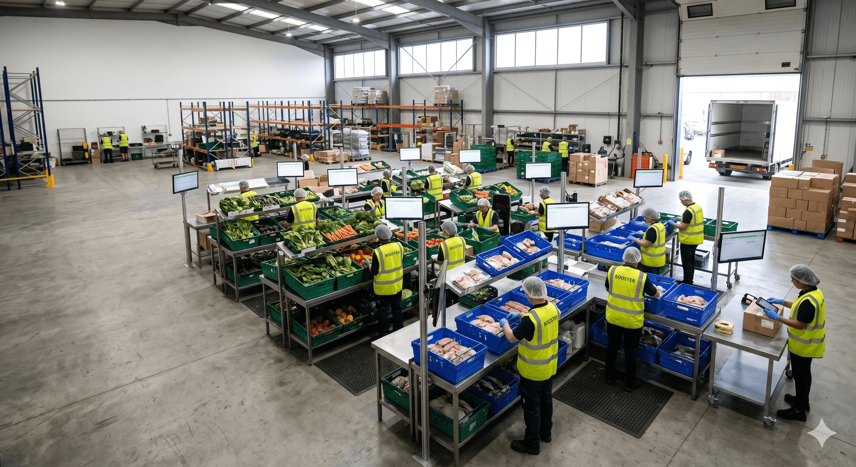 Warehouse teams picking and packing fresh produce orders for delivery dispatch